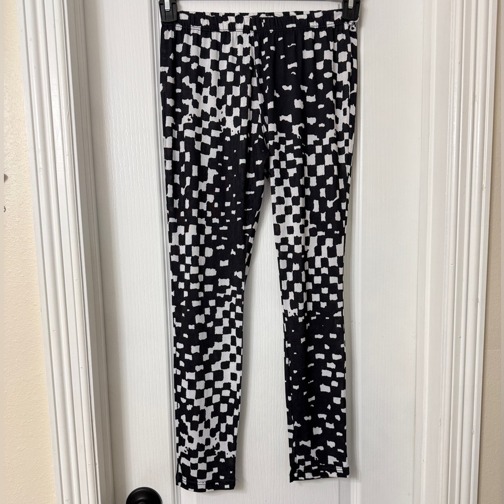 Cleek women's black white abstract stretch pants pull on lounge chic trousers L
